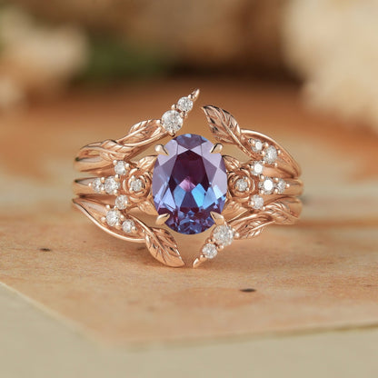 Oval Alexandrite Rose Design Moissanite Ring Set - Maris