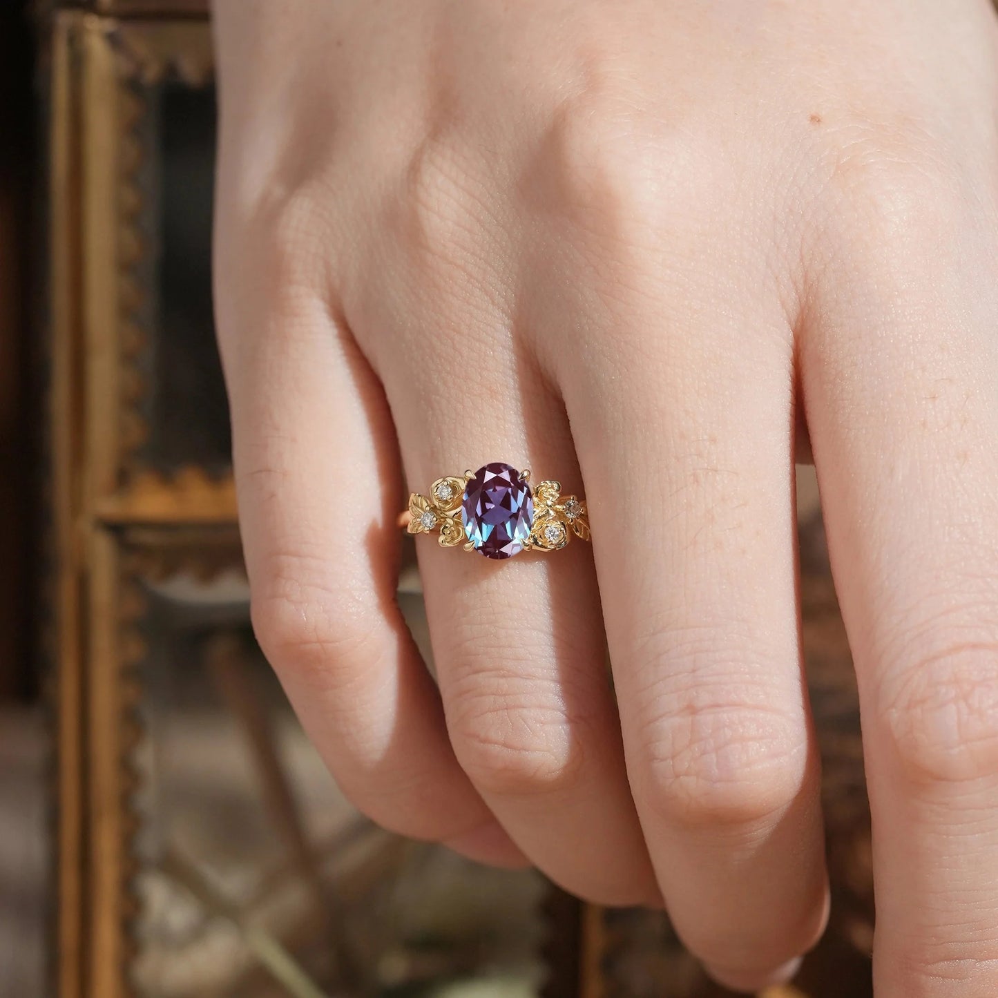 Oval Cut Alexandrite Rose Inspired Engagement Ring - Evangeline