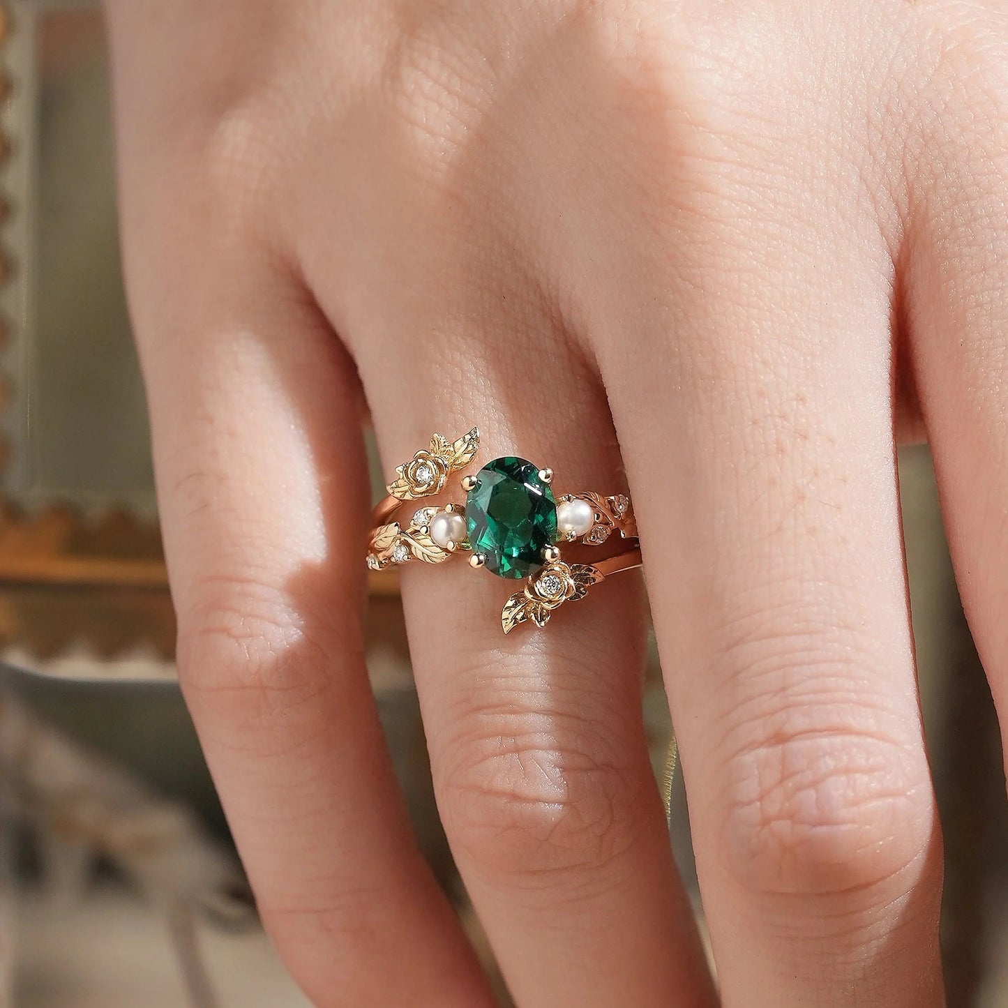 Oval Cut Emerald Ring - Rose Blossom Vine Ring Set | Tessa