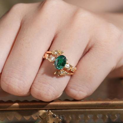Oval Cut Emerald Ring - Rose Blossom Vine Ring Set | Tessa