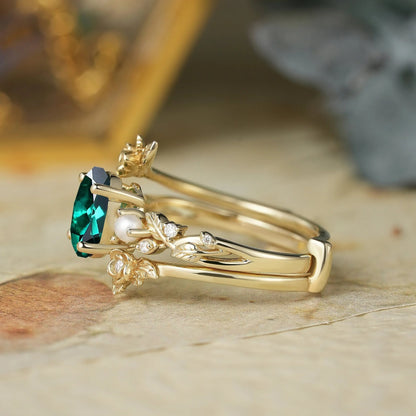 Oval Cut Emerald Ring - Rose Blossom Vine Ring Set | Tessa