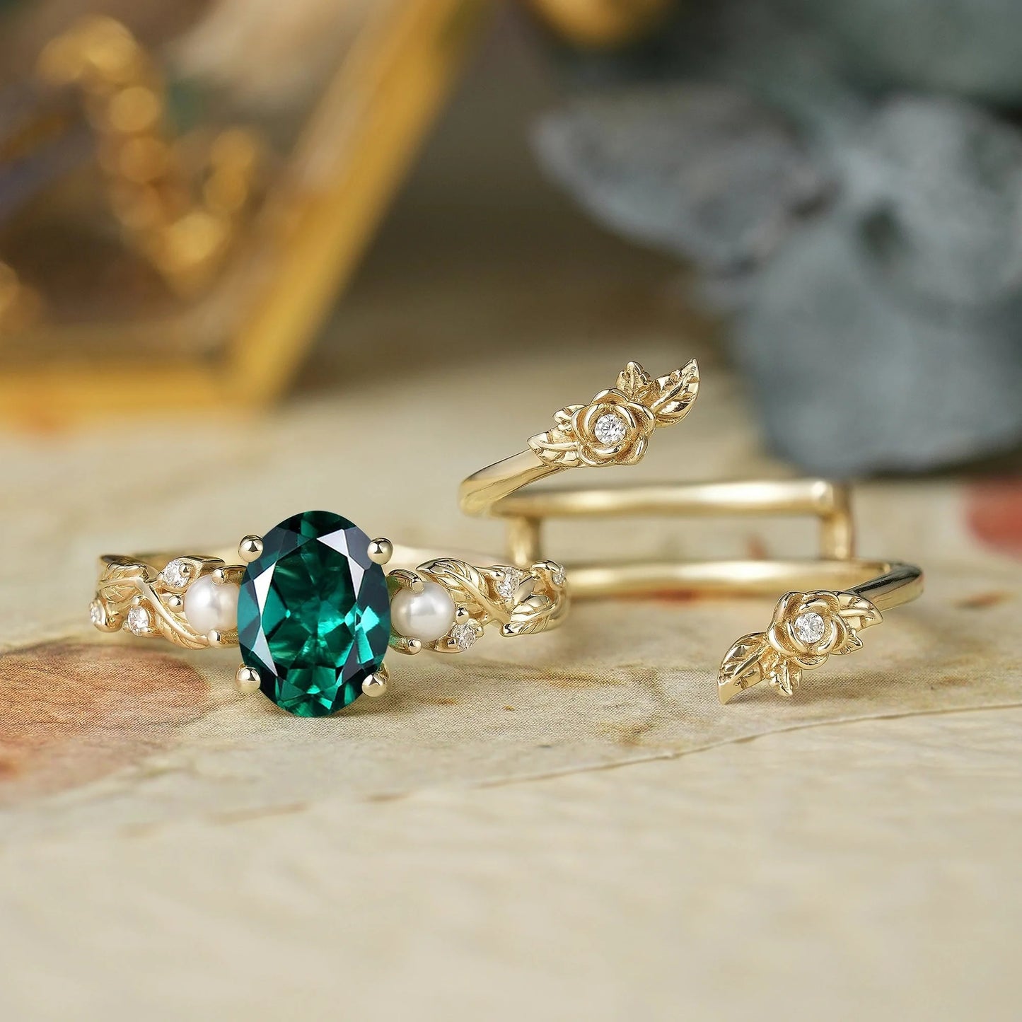Oval Cut Emerald Ring - Rose Blossom Vine Ring Set | Tessa