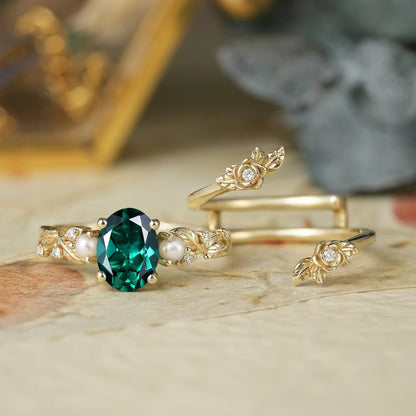 Oval Cut Emerald Ring - Rose Blossom Vine Ring Set | Tessa