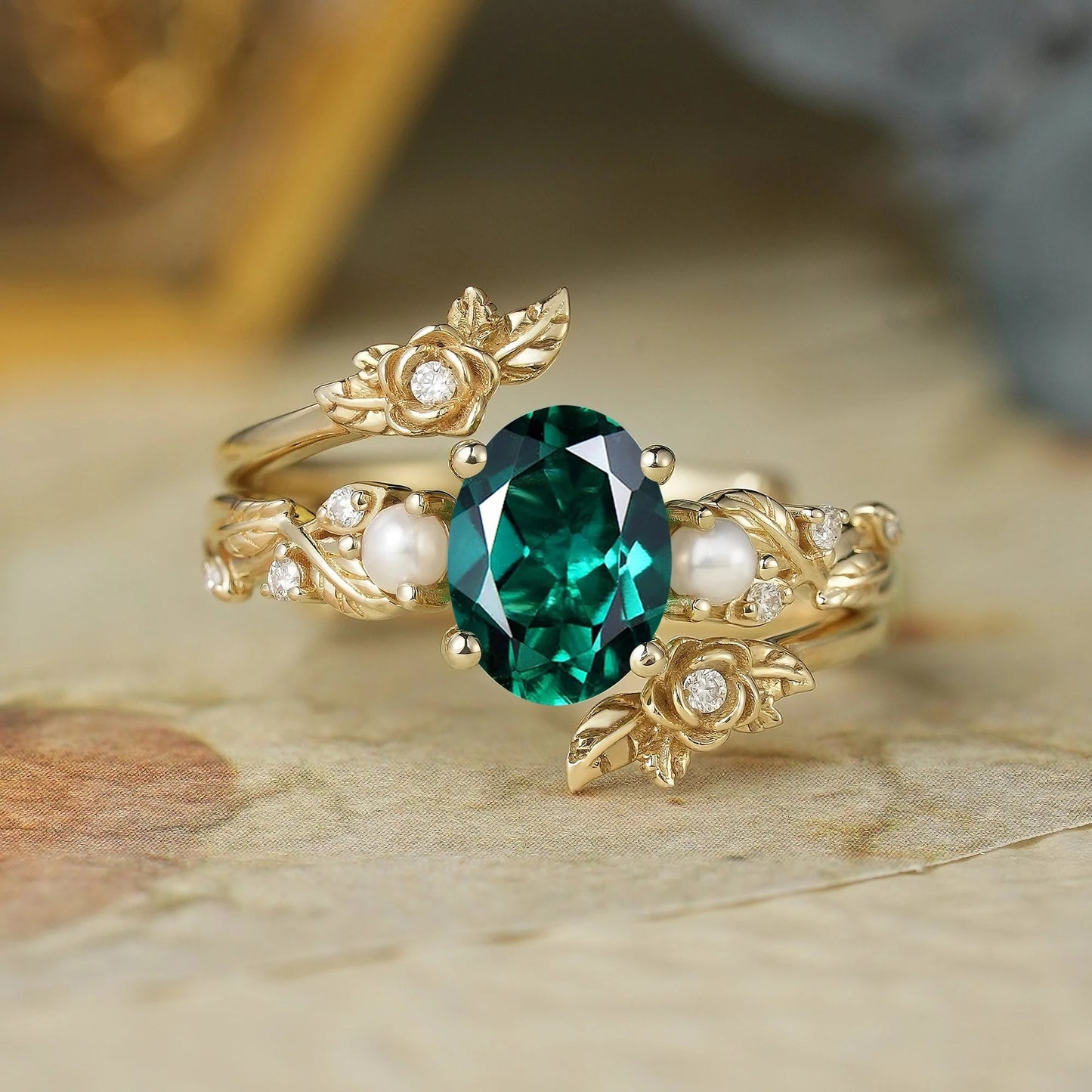Oval Cut Emerald Ring - Rose Blossom Vine Ring Set | Tessa