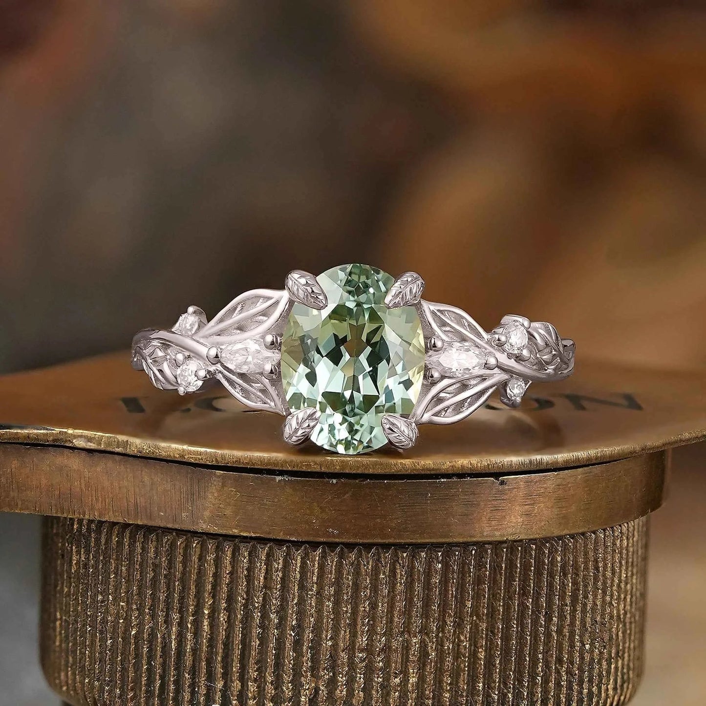 Oval Cut Green Sapphire Leaf Claws Nature Inspired Engagement Ring