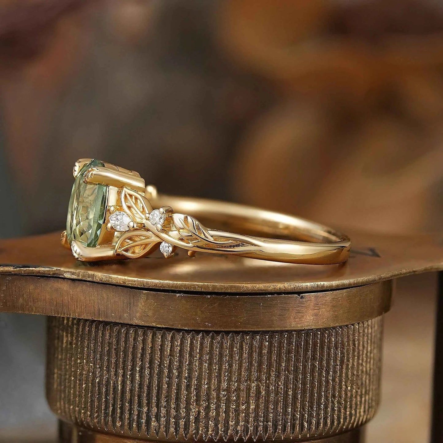 Oval Cut Green Sapphire Leaf Claws Nature Inspired Engagement Ring