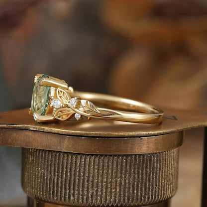 Oval Cut Green Sapphire Leaf Claws Nature Inspired Engagement Ring