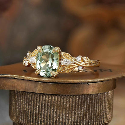 Oval Cut Green Sapphire Leaf Claws Nature Inspired Engagement Ring
