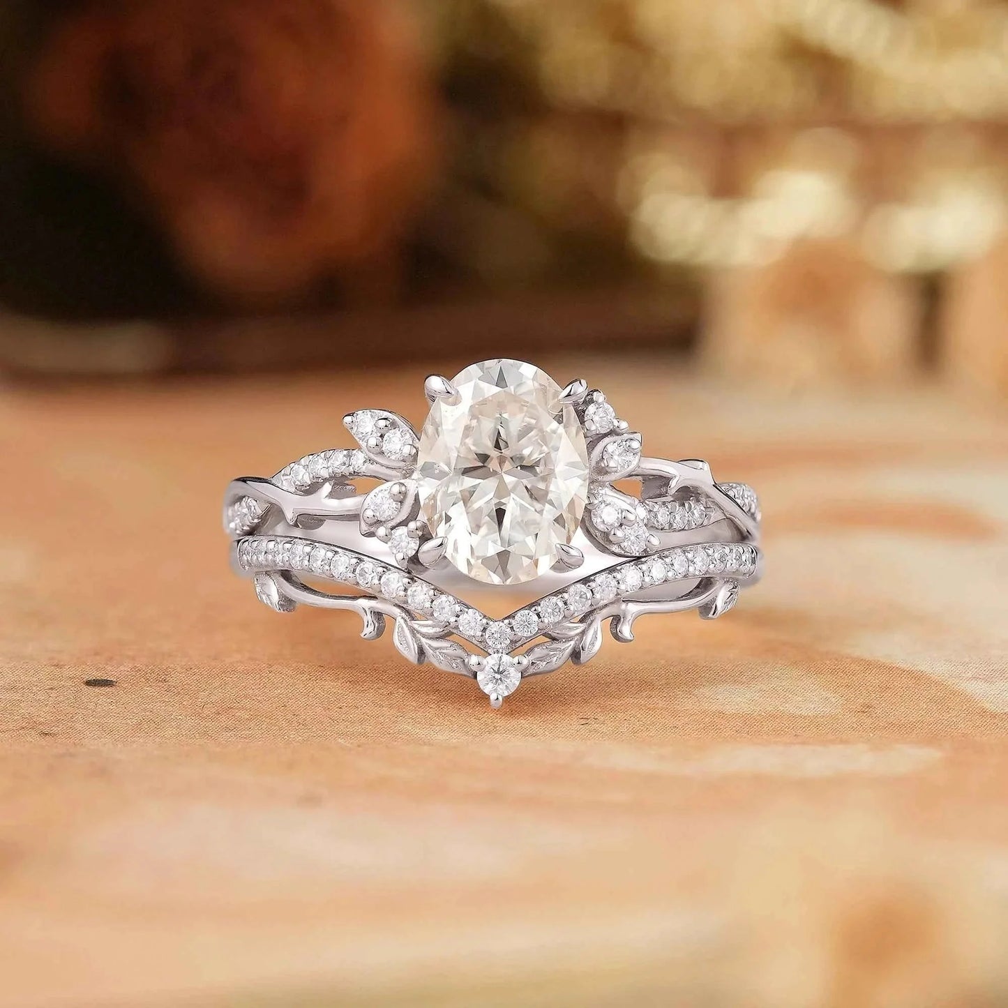 Oval Cut Moissanite Leaf And Vine Inspired Bridal Ring Set