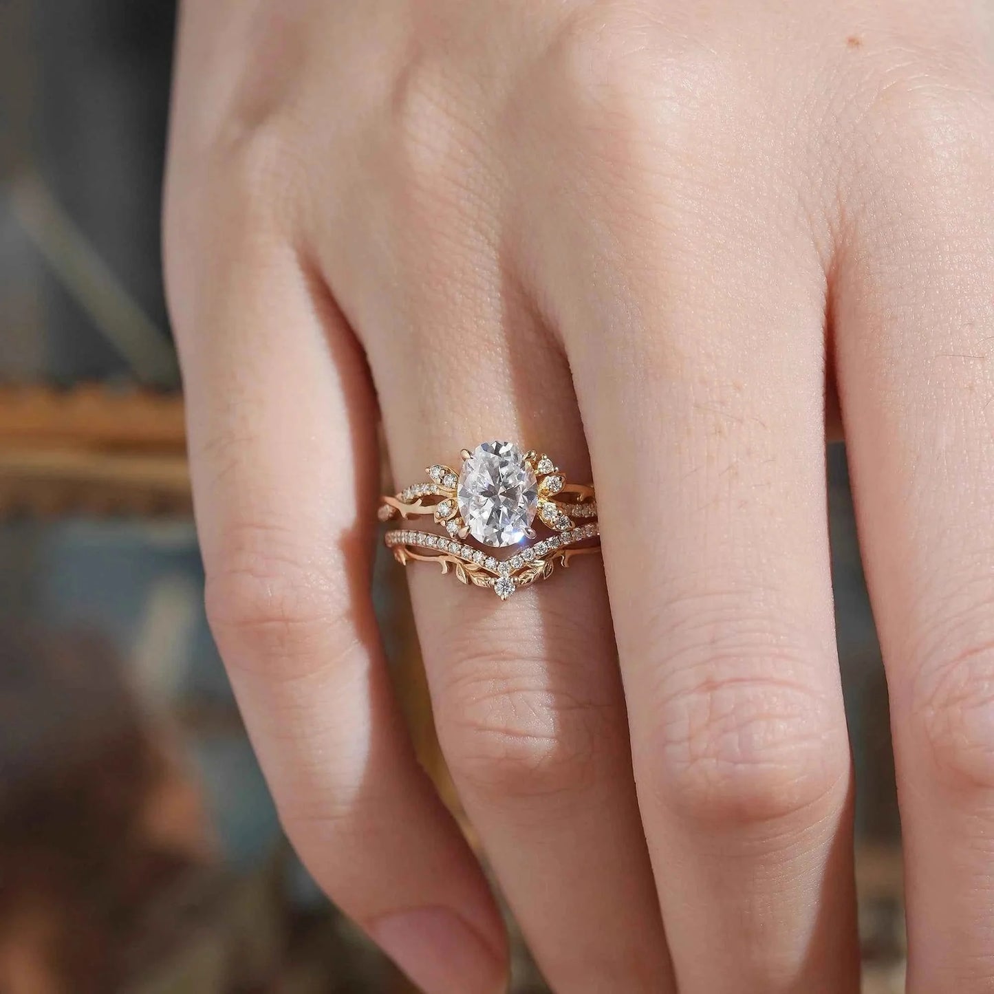 Oval Cut Moissanite Leaf And Vine Inspired Bridal Ring Set