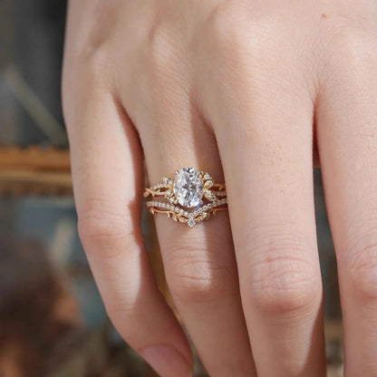 Oval Cut Moissanite Leaf And Vine Inspired Bridal Ring Set