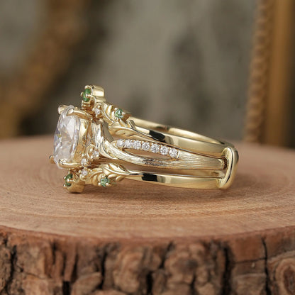 Oval Cut Moissanite Leaf Inspired Enhancer Ring Set-Sage