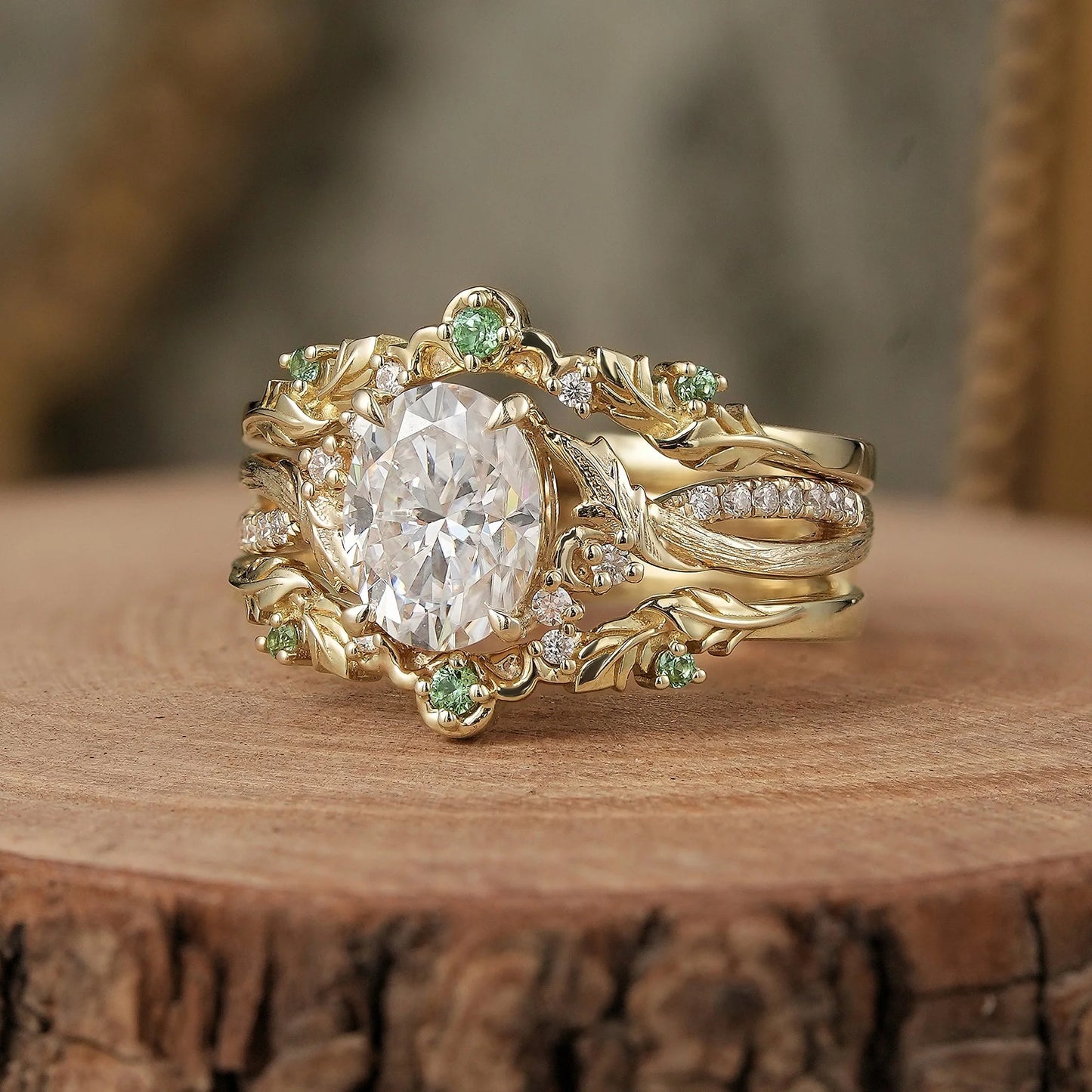 Oval Cut Moissanite Leaf Inspired Enhancer Ring Set-Sage