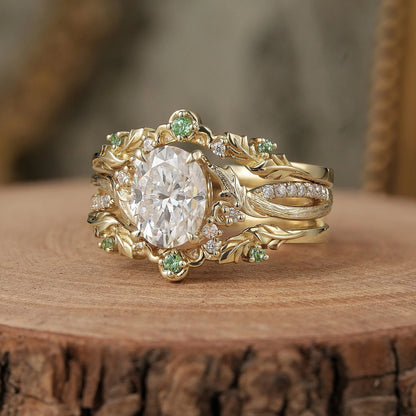 Oval Cut Moissanite Leaf Inspired Enhancer Ring Set-Sage