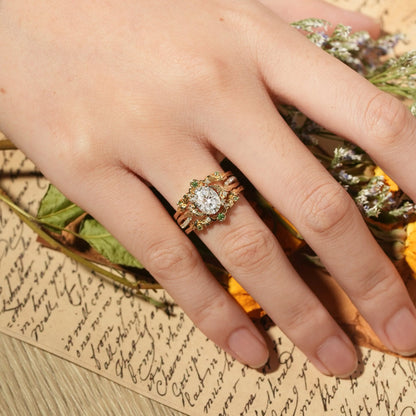 Oval Cut Moissanite Leaf Inspired Enhancer Ring Set-Sage