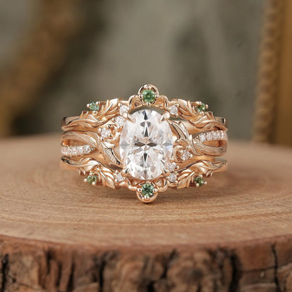 Oval Cut Moissanite Leaf Inspired Enhancer Ring Set-Sage
