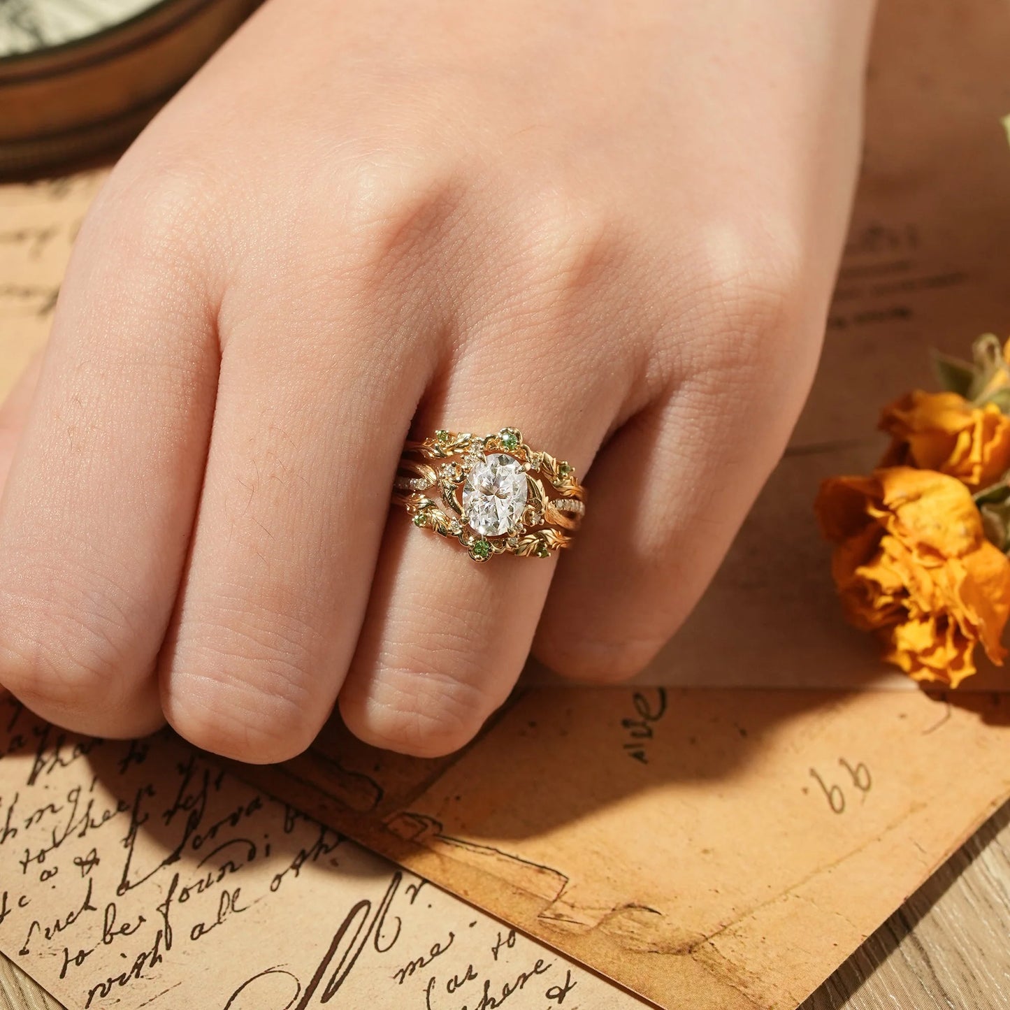 Oval Cut Moissanite Leaf Inspired Enhancer Ring Set-Sage