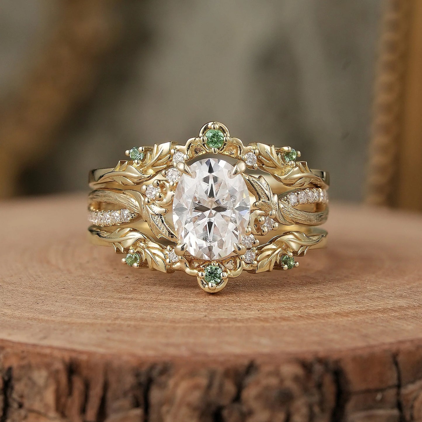 Oval Cut Moissanite Leaf Inspired Enhancer Ring Set-Sage