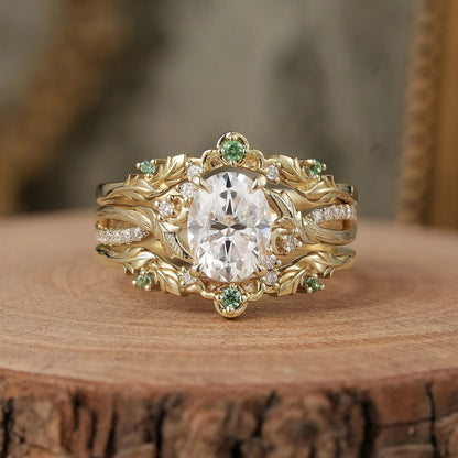Oval Cut Moissanite Leaf Inspired Enhancer Ring Set-Sage