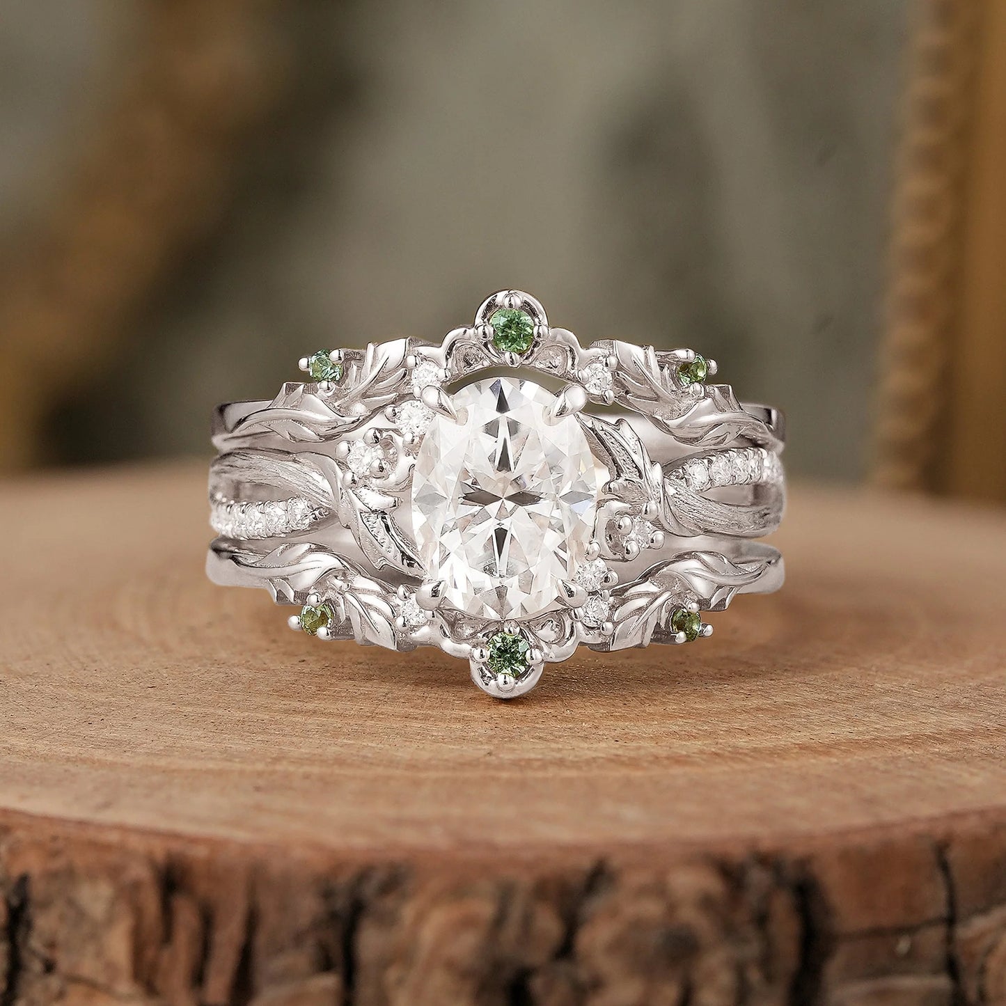 Oval Cut Moissanite Leaf Inspired Enhancer Ring Set-Sage