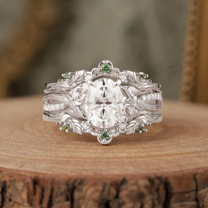 Oval Cut Moissanite Leaf Inspired Enhancer Ring Set-Sage