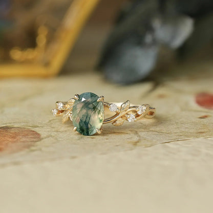 Oval Cut Moss Agate Leaf Engagement Ring - Mabel - GemsMagic