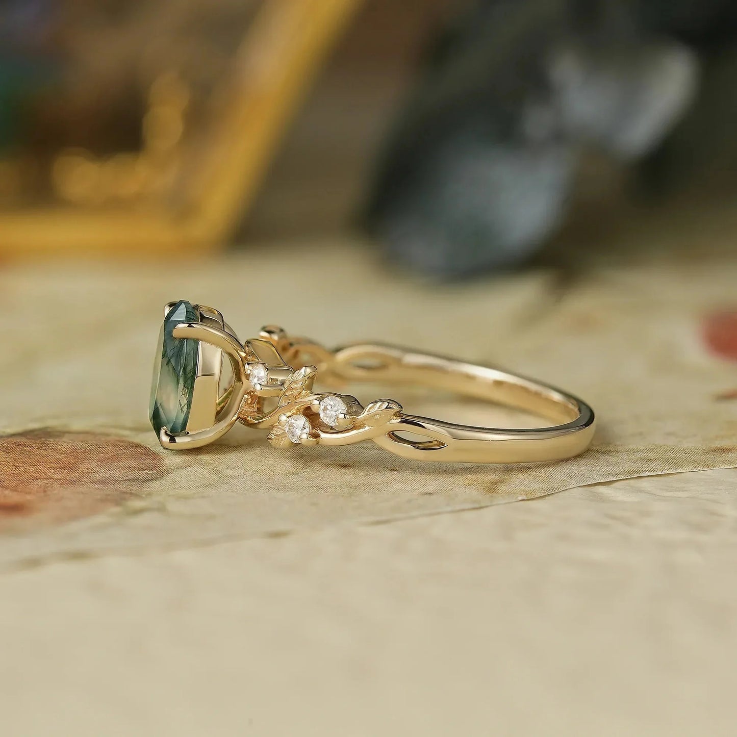 Oval Cut Moss Agate Leaf Engagement Ring - Mabel - GemsMagic