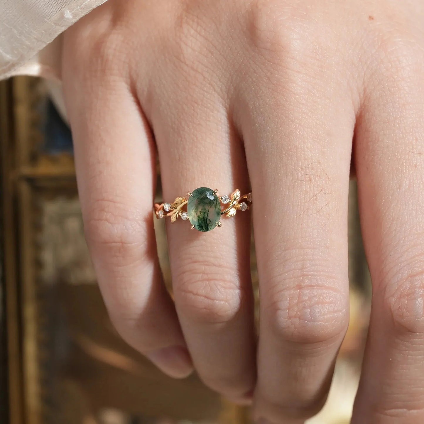 Oval Cut Moss Agate Leaf Engagement Ring - Mabel - GemsMagic