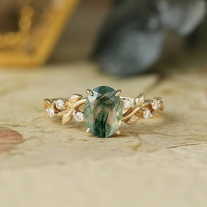 Oval Cut Moss Agate Leaf Engagement Ring - Mabel - GemsMagic