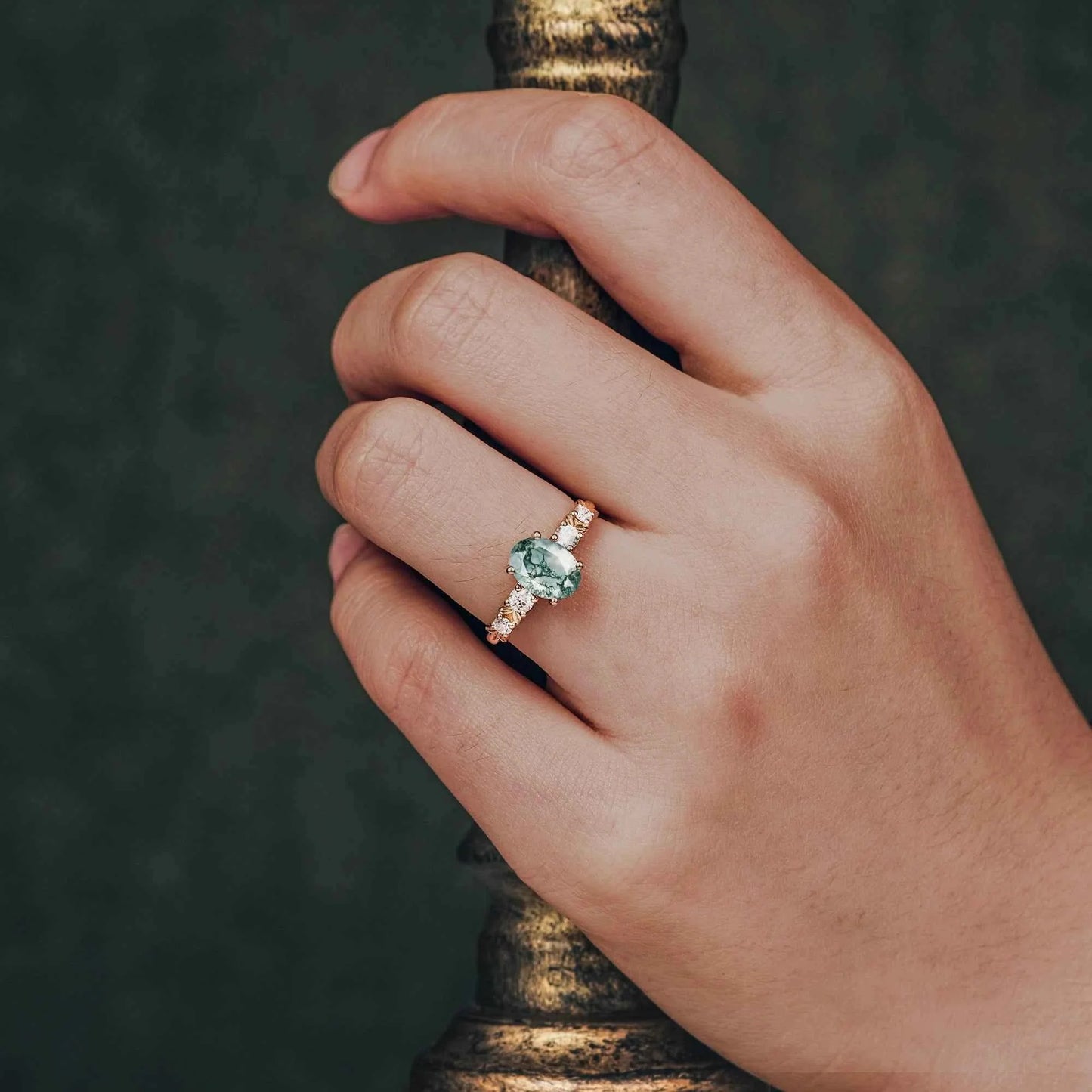 Oval Cut Moss Agate Leaf Inspired Elven Engagement Ring