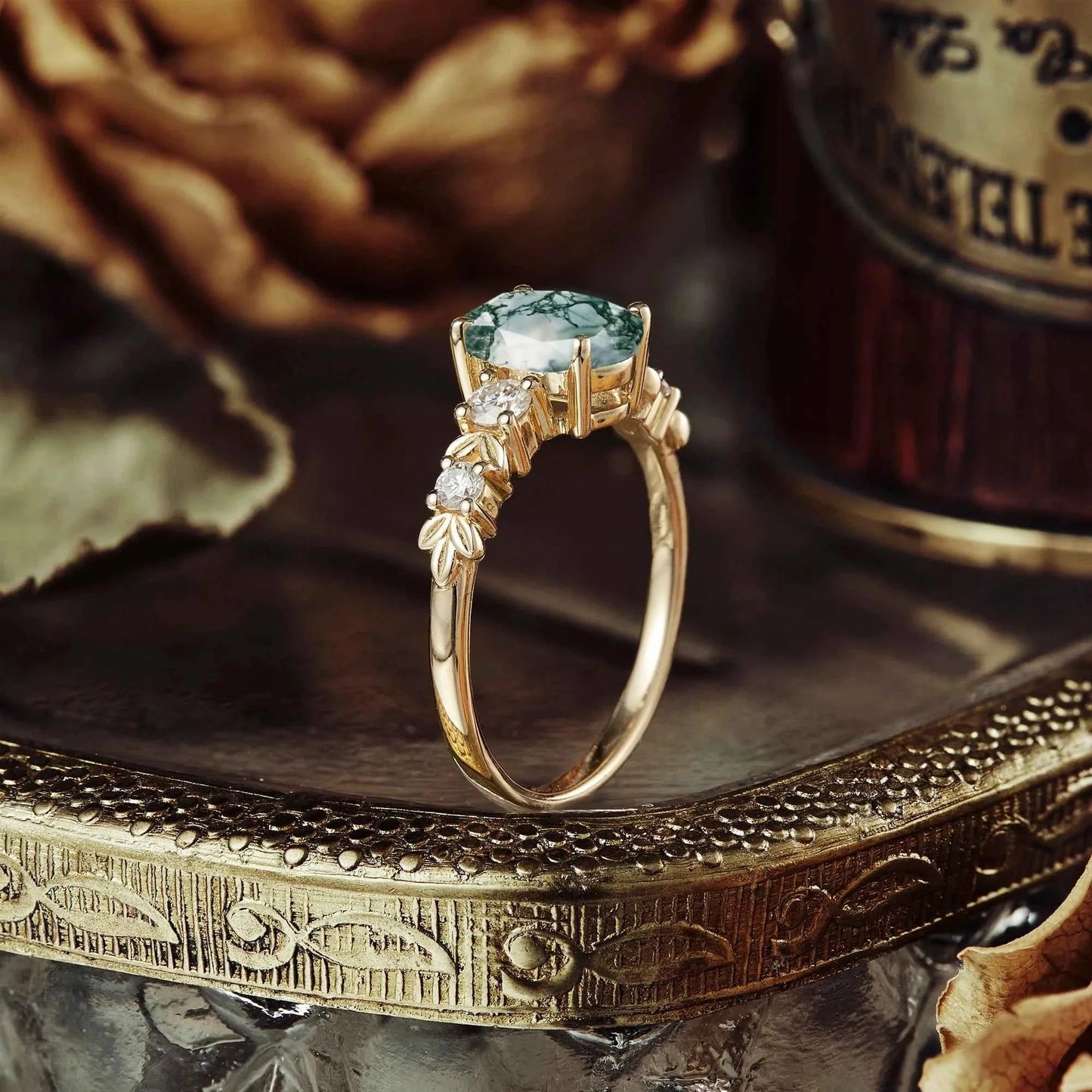 Oval Cut Moss Agate Leaf Inspired Elven Engagement Ring