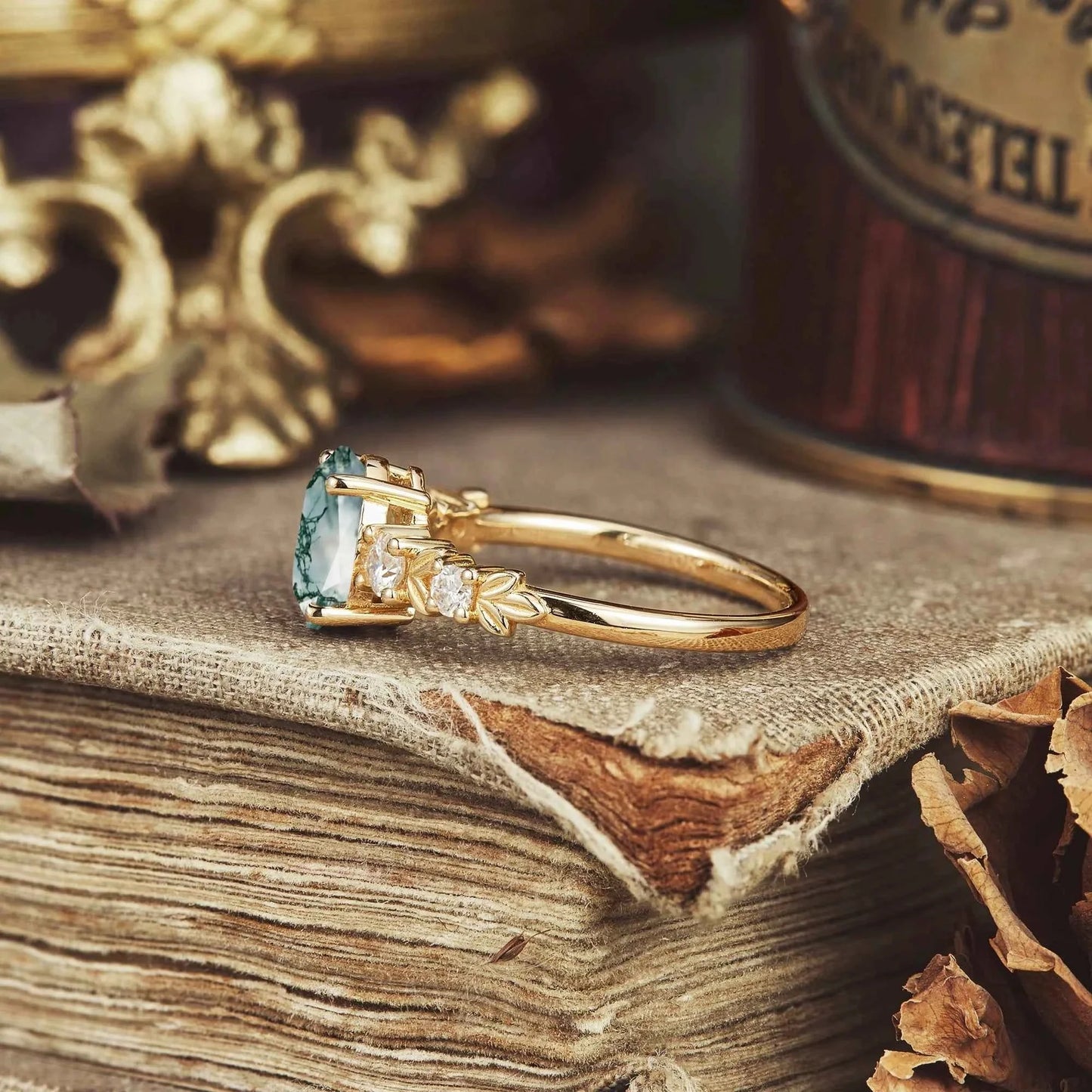 Oval Cut Moss Agate Leaf Inspired Elven Engagement Ring