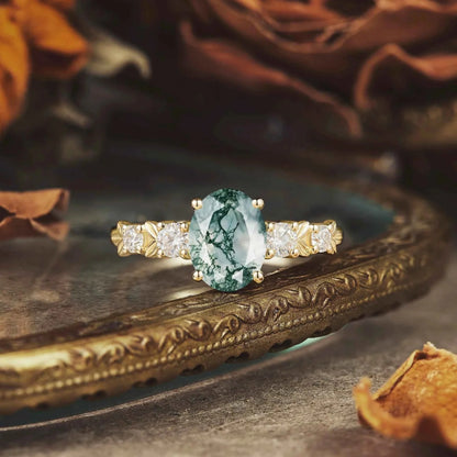 Oval Cut Moss Agate Leaf Inspired Elven Engagement Ring