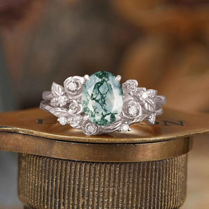 Oval Cut Moss Agate Rose Blossom Inspired Bridal Ring Set
