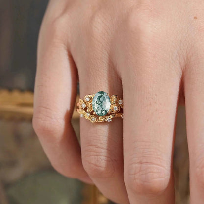 Oval Cut Moss Agate Rose Blossom Inspired Bridal Ring Set