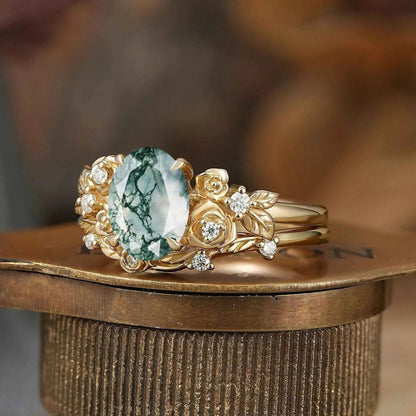 Oval Cut Moss Agate Rose Blossom Inspired Bridal Ring Set
