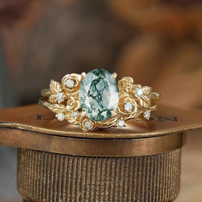 Oval Cut Moss Agate Rose Blossom Inspired Bridal Ring Set