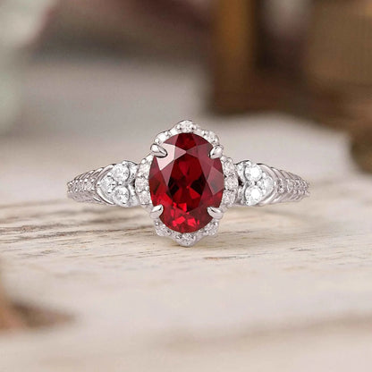 Oval Cut Ruby Halo Vintage Inspired Engagement Ring