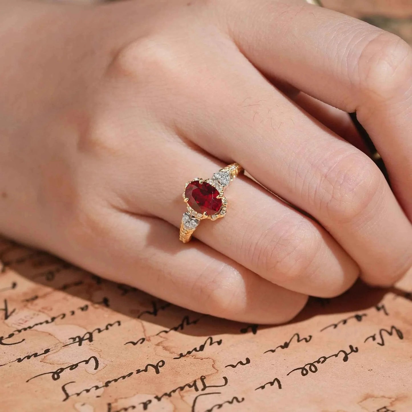 Oval Cut Ruby Halo Vintage Inspired Engagement Ring
