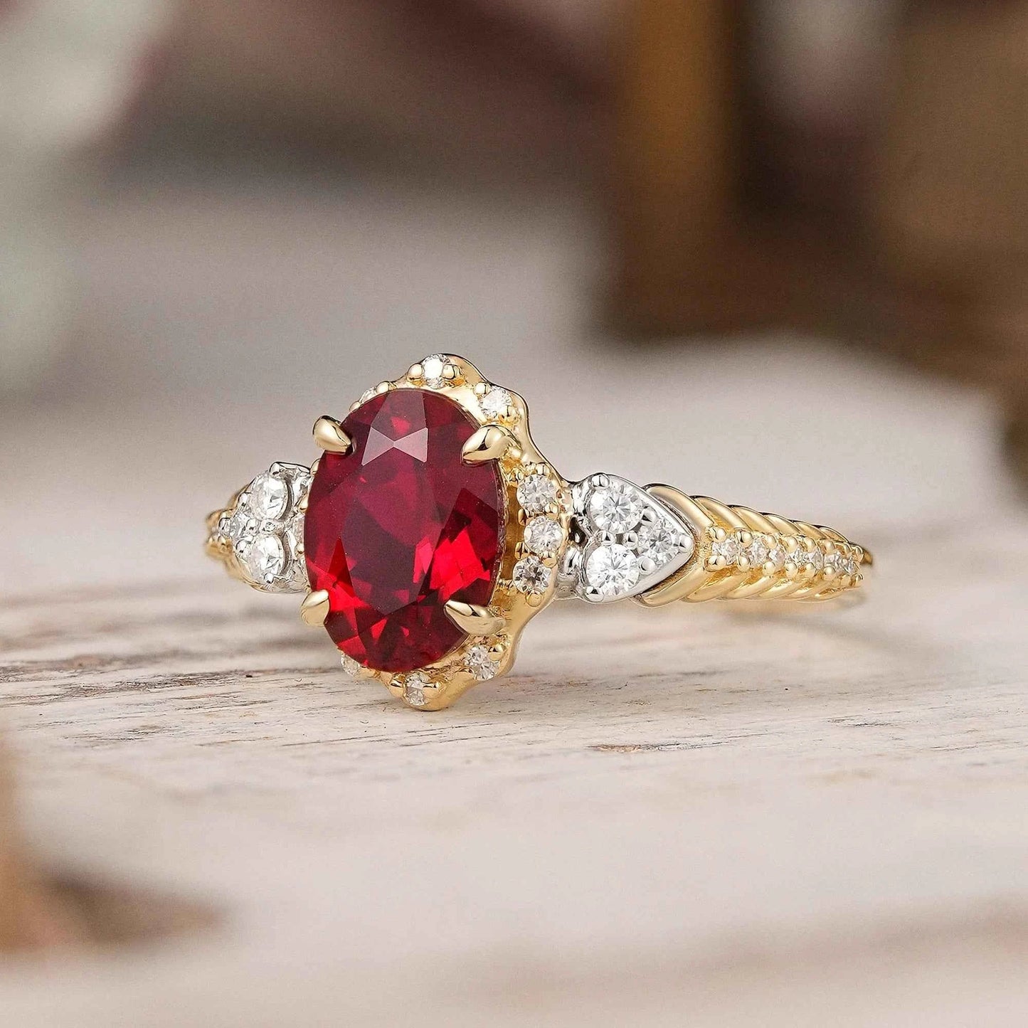 Oval Cut Ruby Halo Vintage Inspired Engagement Ring