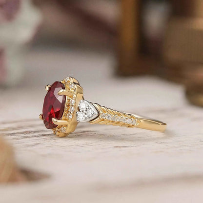 Oval Cut Ruby Halo Vintage Inspired Engagement Ring