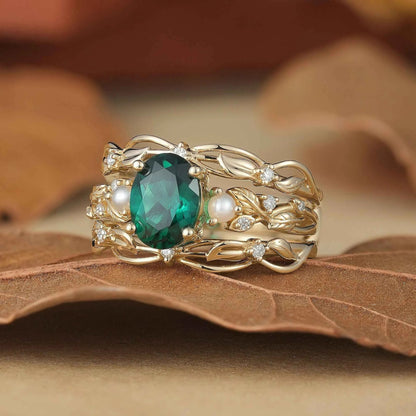 Oval Emerald & Pearl Leaf Enhancer Ring Set 2pcs-Surya