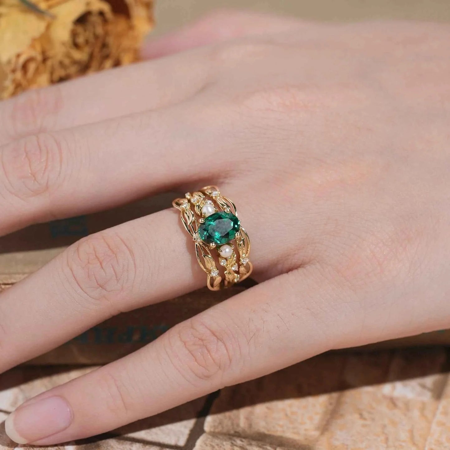 Oval Emerald & Pearl Leaf Enhancer Ring Set 2pcs-Surya
