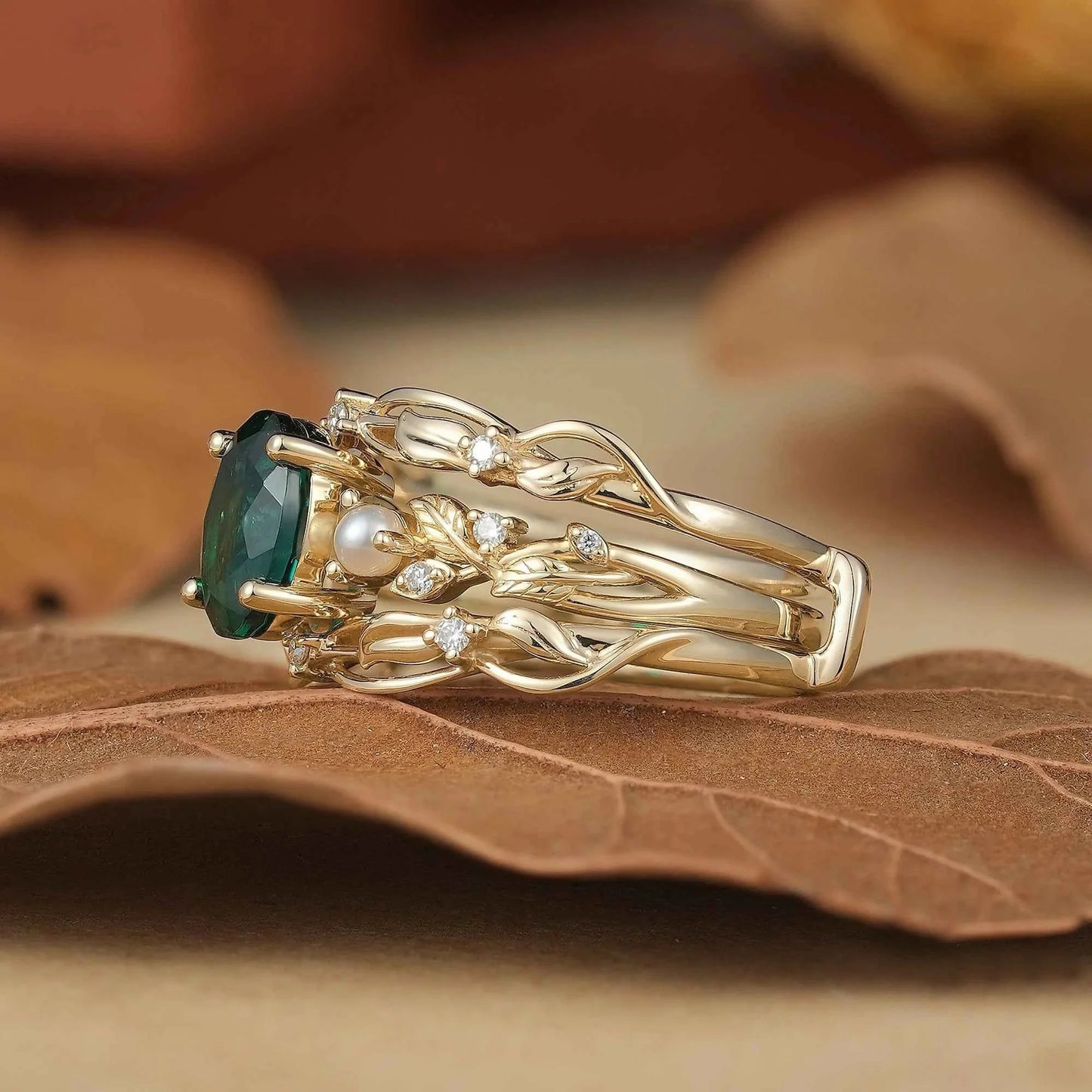 Oval Emerald & Pearl Leaf Enhancer Ring Set 2pcs-Surya