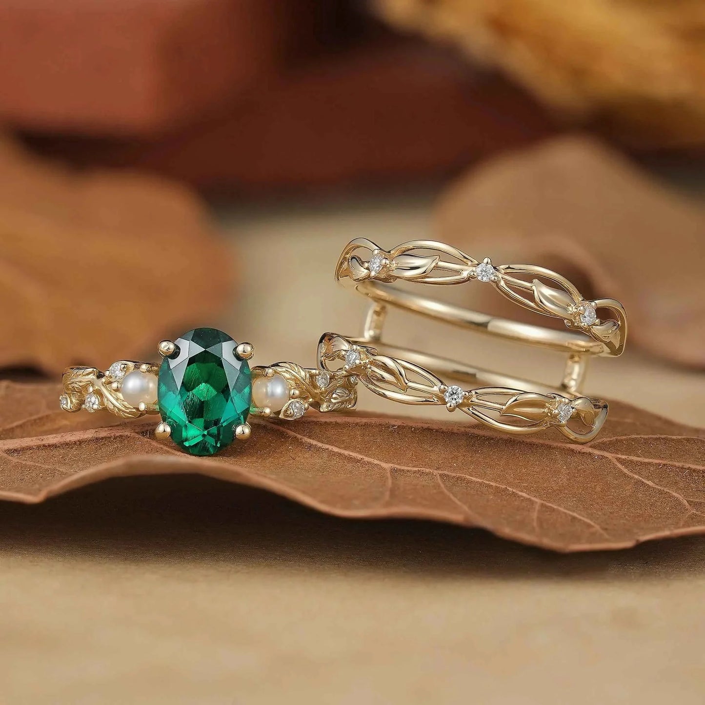 Oval Emerald & Pearl Leaf Enhancer Ring Set 2pcs-Surya
