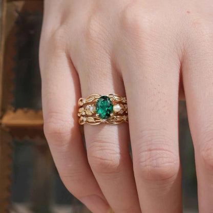 Oval Emerald & Pearl Leaf Enhancer Ring Set 2pcs-Surya