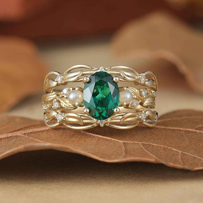 Oval Emerald & Pearl Leaf Enhancer Ring Set 2pcs-Surya