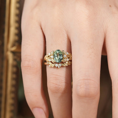 Oval Green Sapphire & Moissanite Ring Set 2pcs-Kairi