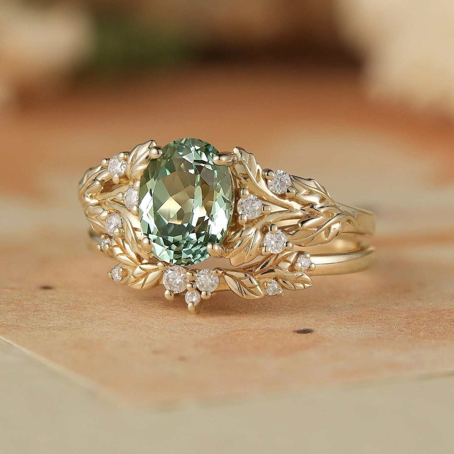 Oval Green Sapphire & Moissanite Ring Set 2pcs-Kairi