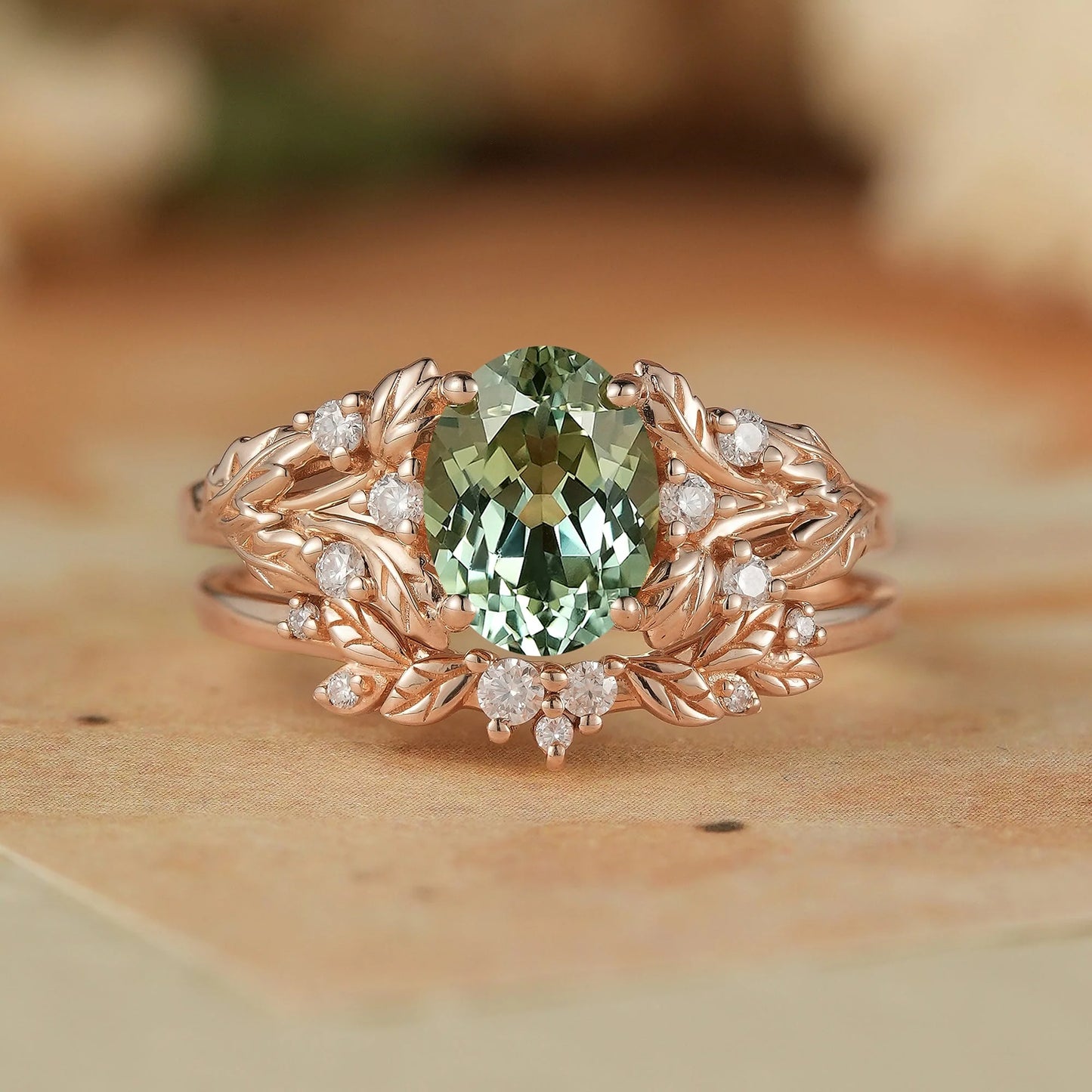 Oval Green Sapphire & Moissanite Ring Set 2pcs-Kairi